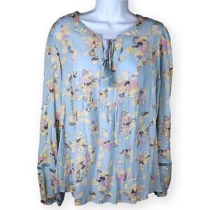 Zac + Rachel Blue Floral Peasant Boho Tie Neck Blouse L